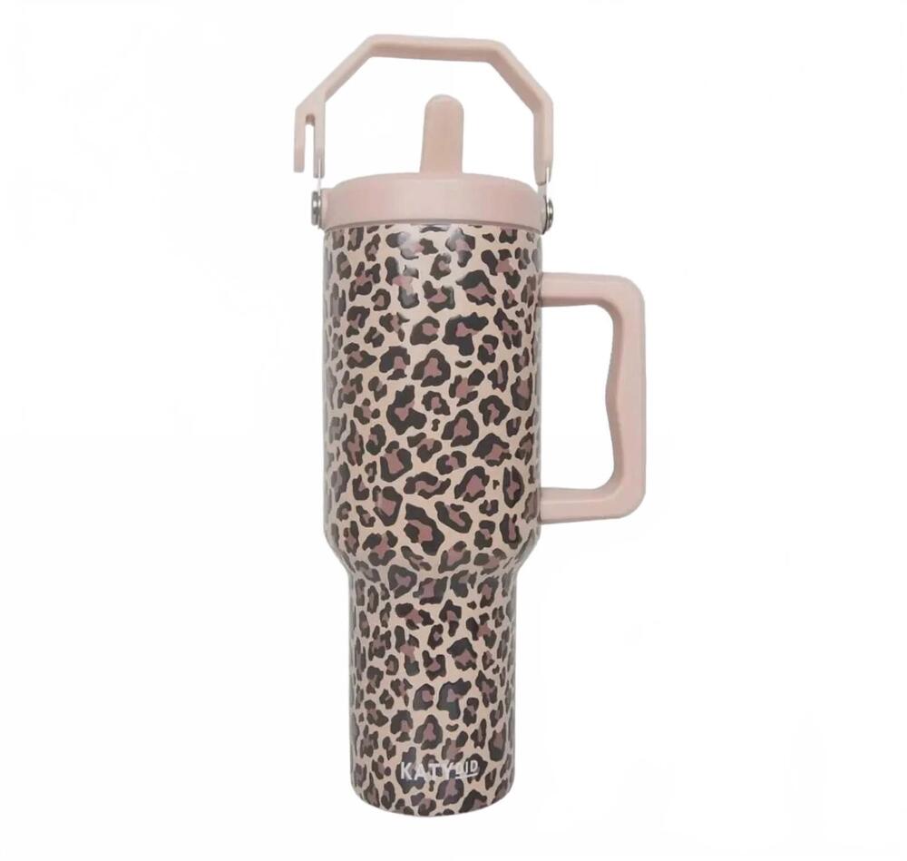 NEW KATYDID stainless steel tumbler with lid handle - 38oz in cheetah